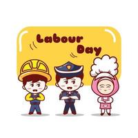 Happy Labor Day Cartoon mit verschiedenen Berufen, Polizei, Arbeit und Koch vektor