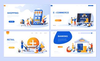 Set med målsida mall för Online Shopping, E-handel, Retail, Internet Banking. Modern vektor illustration platt koncept dekorerade människor karaktär för webbplats och mobil webbutveckling.