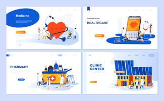 Set med målsida mall för medicin, sjukvård, apotek, klinikcenter. Modern vektor illustration platt koncept dekorerade människor karaktär för webbplats och mobil webbutveckling.