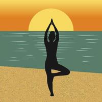 Silhouette einer Frau in einer Yoga-Pose am Strand vektor