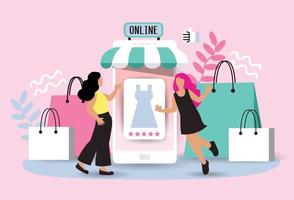 frauen, die mit dem einkaufen auf dem handy zufrieden sind, zahlen per kreditkarte. Online-Shopping in einem Online-Shop auf einer Website oder mobilen Anwendung. Vektorkonzept liebt Einkaufen. design für verkaufsbanner, digitales marketing. vektor