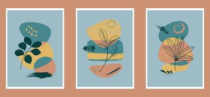 Sammlung zeitgenössischer Kunstplakate in Pastellfarben. abstraktes papier schnitt geometrische elemente und striche, blätter und punkte. tolles Design für Social Media, Postkarten, Print. vektor