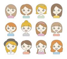 uppsättning söta kvinnliga karaktärer. tecknade avatarer. leende tjejer med olika frisyrer. vektor