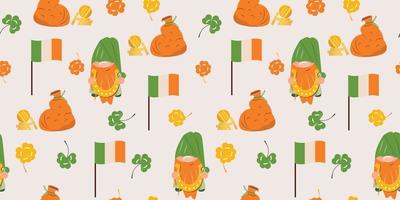 sömlösa mönster med tomtar, mynt, irländska flaggor och klöver. st. Patrick's Day sömlösa mönster. för textil, omslagspapper, förpackning. vektor mönster.