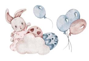 Frohe Ostern. Frühlings-Ostern-Set mit süßen Gegenständen. süße hasenfliege mit ballon, eiern und wolke. aquarellillustration. vektor