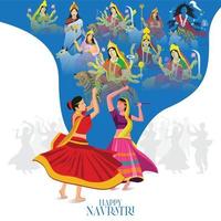 Illustration des Gesichtes der Göttin Durga für glückliche Navratri, Paar, das Garba und Dandiya in Navratri-Feier und Disco-Nacht spielt vektor