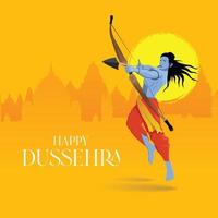 glad dussehra text med en illustration av lord rama pilbåge och tempelbakgrund för indisk festival dussehra vektor