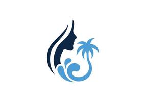 Sommer-Logo. wellen-, palmen- und mädchensilhouette. Inspiration für Reisedesignvorlagen. vektor