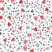Nahtloses Muster mit handgezeichneten bunten Doodle-Herzen in rosa, roten und blauen Farben auf weiß vektor