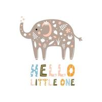 söta tryck med baby elefant djur ritade i doodle stil vektor