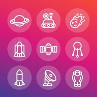 Space Line Icons Set, Planet mit Asteroidengürtel, Komet, Satellit, Shuttle, Rakete, Radioteleskop, Astronaut