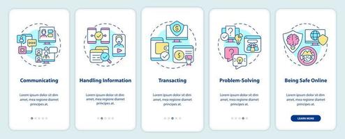 digitale fähigkeiten beim onboarding des mobilen app-bildschirms. Komplettlösung für Computersysteme 5 Schritte grafische Anleitungsseiten mit linearen Konzepten. ui, ux, gui-Vorlage. Unzählige pro-fette, normale Schriftarten werden verwendet vektor