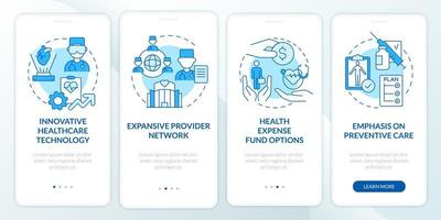 anställdas förmåner blå onboarding mobilappskärm. försäkringsgenomgång 4-stegs grafiska instruktioner sidor med linjärt koncept. ui, ux, gui mall. otaliga pro-fet, vanliga typsnitt som används vektor