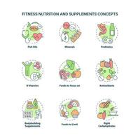 fitness nutrition och kosttillskott koncept ikoner set. produkter för sportigt liv idé tunn linje färgillustrationer. isolerade konturritningar. roboto-medium, otaliga pro-bold typsnitt som används vektor