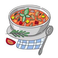 minestrone illustration. italiensk soppa vektor, servett och sked vektor