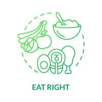 äta rätt grön gradient koncept ikon. balanserad näring. ekologiska produkter för hälsa abstrakt idé tunn linje illustration. isolerade konturritning. roboto-medium, otaliga pro-bold typsnitt som används vektor
