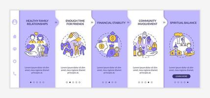 tecken på balanserat liv lila och vit onboarding mall. harmoni i livet. responsiv mobilwebbplats med linjära konceptikoner. webbsida genomgång 5 steg skärmar. lato-fet, vanliga typsnitt som används vektor