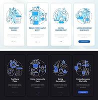 aus dem Gleichgewicht geratener Tag- und Nachtmodus beim Onboarding des Bildschirms der mobilen App. Tipps Komplettlösung 4 Schritte grafische Anleitungsseiten mit linearen Konzepten. ui, ux, gui-Vorlage. Unzählige pro-fette, normale Schriftarten werden verwendet vektor