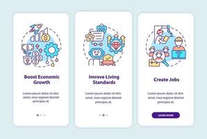 Positive Auswirkungen der Automatisierung auf den Onboarding-Bildschirm der mobilen App in der Gesellschaft. Komplettlösung 3 Schritte grafische Anleitungsseiten mit linearen Konzepten. ui, ux, gui-Vorlage. Unzählige pro-fette, normale Schriftarten werden verwendet vektor
