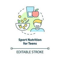 sport nutrition för tonåringar konceptikon. balanserad ranson för unga idrottare abstrakt idé tunn linje illustration. isolerade konturritning. redigerbar linje. roboto-medium, otaliga pro-bold typsnitt som används vektor