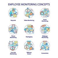 Symbole für das Konzept der Mitarbeiterüberwachung festgelegt. Arbeitsplatzüberwachung. Unternehmens-Tracking-Software. Arbeitskontrolle Idee dünne Linie Farbabbildungen. Vektor isolierte Umrisszeichnungen. editierbarer Strich