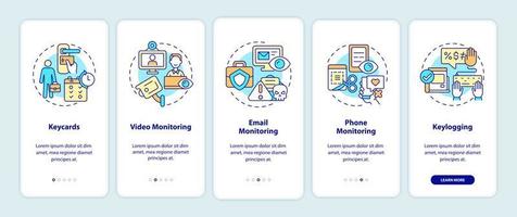 typer av anställd övervakning onboarding mobil app sidskärm. arbete genomgång 5 steg grafiska instruktioner med koncept. ui, ux, gui vektormall med linjära färgillustrationer vektor