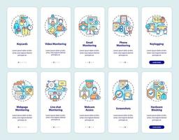 Mitarbeiterüberwachung beim Onboarding auf der Seite der mobilen App. Work Tracking Walkthrough 5 Schritte grafische Anweisungen mit Konzepten. ui, ux, gui-vektorvorlage mit linearen farbillustrationen vektor