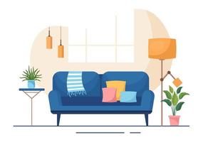 flache designillustration der wohnmöbel, damit das wohnzimmer bequem ist wie ein sofa, ein schreibtisch, ein schrank, lichter, pflanzen und wandbehänge vektor