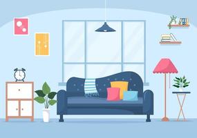 flache designillustration der wohnmöbel, damit das wohnzimmer bequem ist wie ein sofa, ein schreibtisch, ein schrank, lichter, pflanzen und wandbehänge vektor
