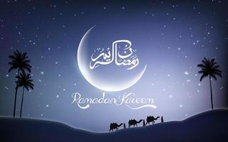 Ramadan Kareem mit Kamelwanderungen durch die Wüste am Nachttag vektor