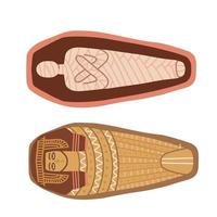 alte ägyptische Mumie im Sarkophag. Leiche einer toten Frau nach der Mumifizierung, Symbol für das Leben nach dem Tod. zwei Teile des geöffneten Sarkophags. Alte Kunst aus Ägypten. flache vektorillustration lokalisiert auf weißem hintergrund vektor