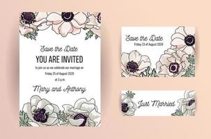 hochzeitseinladung, einladung, save the date-kartendesign mit eleganter puderrosa gartenanemone, wachsblumenblättern. vektor handgezeichnetes sketh zartes farbvorlagenset