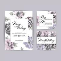 bröllopsinbjudan, anemoninbjudningskortdesign - handritad färgglad markörillustration. doodle skiss linje blomma på vit bakgrund ram print. vektor invete rsvp set i grå rosa färger