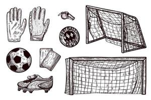stellen sie die skizze der fußballelemente isoliert ein. vintage-element der fußballmannschaft im handgezeichneten stil.