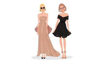 berühmte Dame Frau Modemodell mit Frack braun und schwarz mit Sonnenbrille, formelles oder glamouröses Outfit kann für Nachtpartys verwendet werden vektor