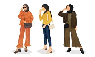 Business-Hijab-Frauen mit farbenfrohem Outfit für den Arbeitstag machen ihren Komfort jeden Tag. genauso wie Hemd, Culotte, Schuhe, Umhängetasche vektor