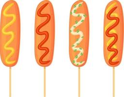 American Corn Dog Set mit verschiedenen Saucen Ketchup, Mayo, Senf. straßenessen, fastfood-konzept. Illustration im Cartoon-Stil. vektor