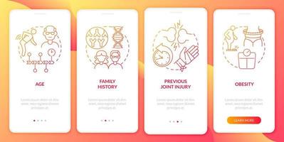 artrit riskfaktorer röd gradient onboarding mobil app sidskärm. genomgång 4 steg grafiska instruktioner med koncept. ui, ux, gui vektormall med linjära färgillustrationer vektor