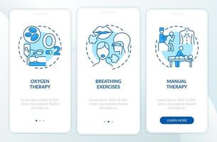 Atemrehabilitation blauer Onboarding-Bildschirm der mobilen App-Seite. Erholungstherapie Walkthrough 3 Schritte grafische Anweisungen mit Konzepten. ui, ux, gui-vektorvorlage mit linearen farbillustrationen vektor