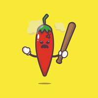 süßer wütender Chili-Zeichentrick-Maskottchen-Charakter mit Baseballschläger