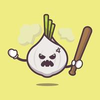 söt arg vitlök tecknad maskot karaktär håller baseball stick vektor