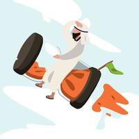 affärsdesign av arabisk affärsman rider raket timglas flyger genom himlen. affärstidshantering och deadline koncept. framgång, mästare, seger, sandglas. vektor illustration platt tecknad