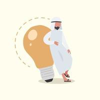 affärsidé design arabisk affärsman lutad på stor glödlampa. affärsmän har idéer lutad mot lampsymbolen är bra. innovation och inspiration. vektor illustration platt tecknad
