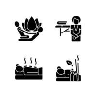 skönhetsprocedurer svart glyfikoner inställd på vitt utrymme. stretchtekniker. massage utövare. applicera uppvärmda stenar. aromaterapipraktik. siluett symboler. vektor isolerade illustration