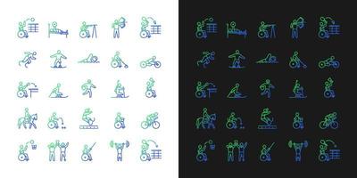 sporttävlingsgradientikoner inställda för mörkt och ljust läge. idrottare med funktionshinder. tunn linje kontur symboler bunt. isolerade vektor kontur illustrationer samling på svart och vit samling