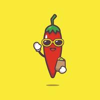 süße Chili-Zeichentrickfigur in Sonnenbrille mit Einkaufstasche