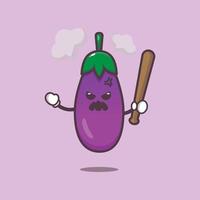 söt arg aubergine tecknad maskot karaktär håller baseball stick vektor