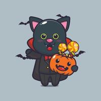 söt katt bär vampyr kostym håller halloween pumpa vektor