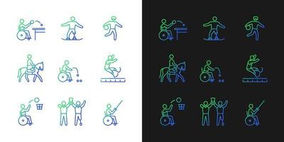 Farbverlaufssymbole für Sportmeisterschaften, die für den Dunkel- und Hellmodus eingestellt sind. Sportler mit körperlicher Behinderung. dünne Linienkontursymbole bündeln. Sammlung isolierter Vektorumrissillustrationen auf Schwarzweiß vektor