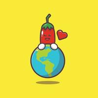 süße Chili-Zeichentrickfigur, die die Erde umarmt
